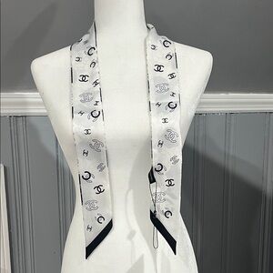 966. Designer Logo Print White Black Trim Silk Scarf